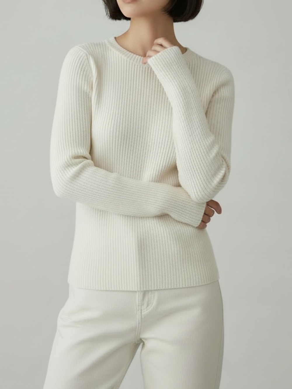 Ahiri 100% Merino Wool Cream Soft Ribbed Crewneck Sweater Size M Canadian Owned